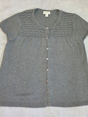 Ann Taylor LOFT Women's XL Short Sleeve Cardigan Gray Pointelle Cotton